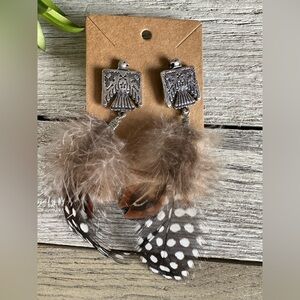Bohemian Thunderbird Silver Tone and Feather Dangle Pierced Earrings